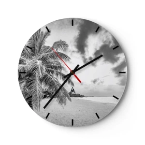 Orologio da parete - Orologio in Vetro - Spiaggia con palme in bianco e nero - 30x30cm - Quando hai nostalgia della solitudine... - Decorazione murale moderna per soggiorno, cucina e camera da letto ARTTOR