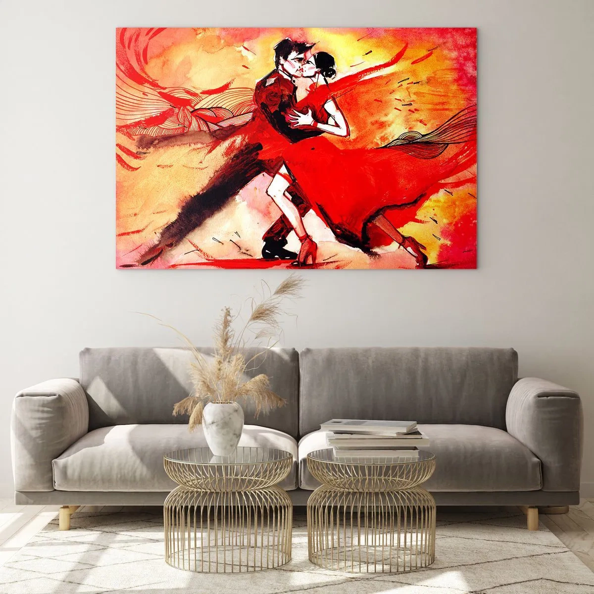 Quadro su vetro - Una coppia che balla in una composizione dinamica rossa - 70x50cm - Il ritmo porpora della passione - Decorazione murale moderna per soggiorno e camera da letto ARTTOR