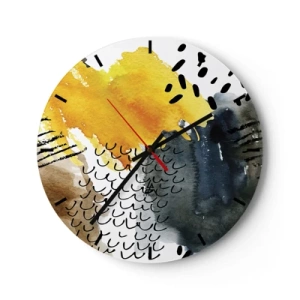 Orologio da parete - Orologio in Vetro - Motivo astratto in giallo, blu navy e nero - 30x30cm - L'incontro degli elementi - Decorazione murale moderna per soggiorno, cucina e camera da letto ARTTOR