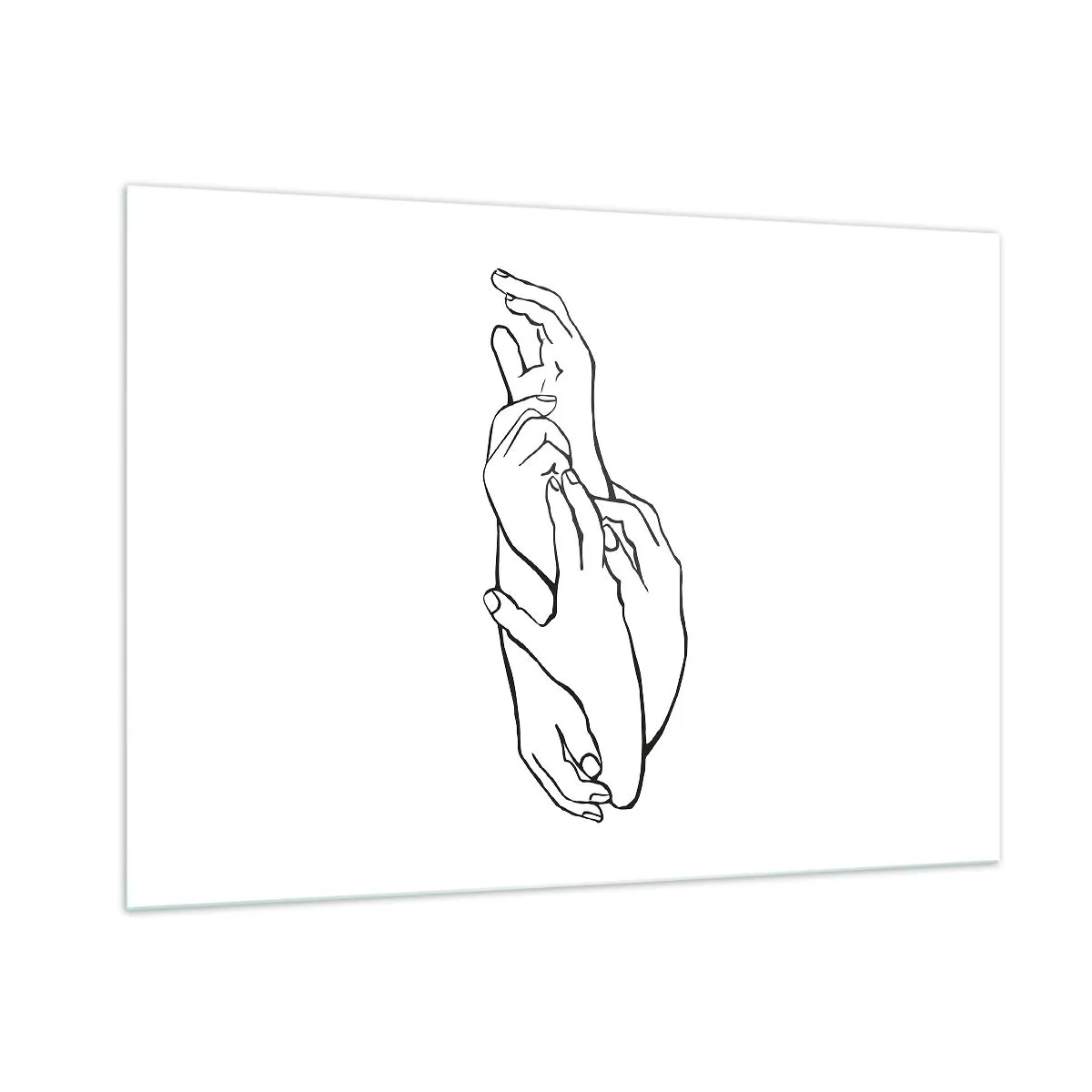 Quadro su vetro - Un sottile disegno lineare di mani giunte su uno sfondo bianco. - 100x70cm - Il tocco buono - Decorazione murale moderna per soggiorno e camera da letto ARTTOR
