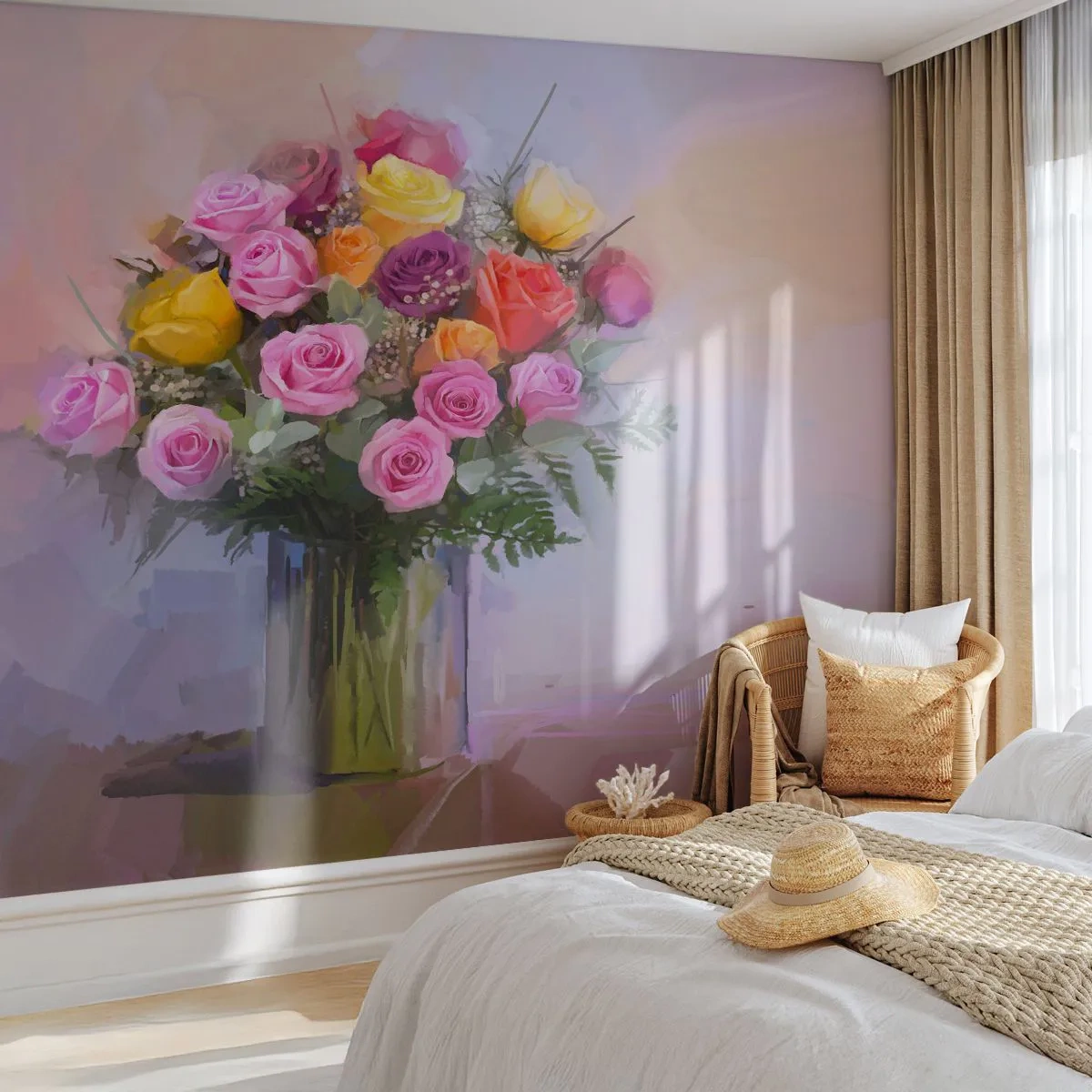Fotomurali Premium Sand - Un mazzo di rose colorate in un vaso di vetro - 100x70cm - Bellezza immobile - Decorazione murale moderna per soggiorno e camera da letto ARTTOR