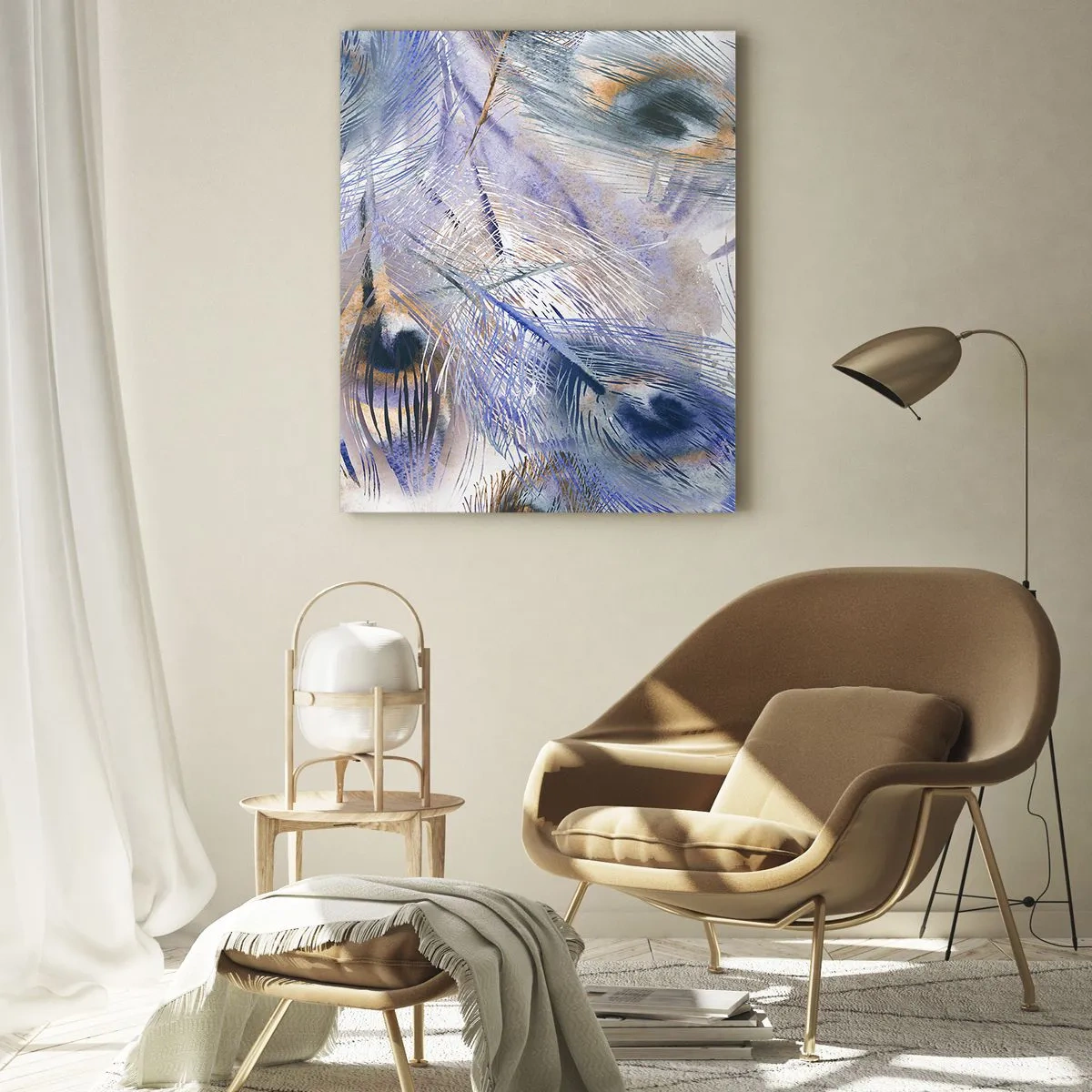 Quadro su vetro - Delicate piume di pavone nelle tonalità del blu e del marrone - 50x70cm - Composizione a occhio di pavone - Decorazione murale moderna per soggiorno e camera da letto ARTTOR