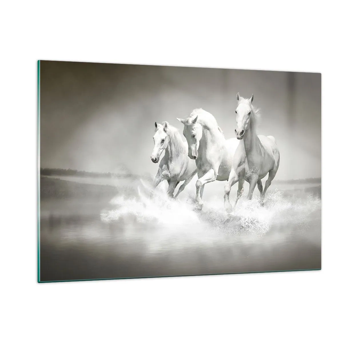 Quadro su vetro - Tre cavalli bianchi che galoppano nell'acqua - 120x80cm - Estasi bianca - Decorazione murale moderna per soggiorno e camera da letto ARTTOR