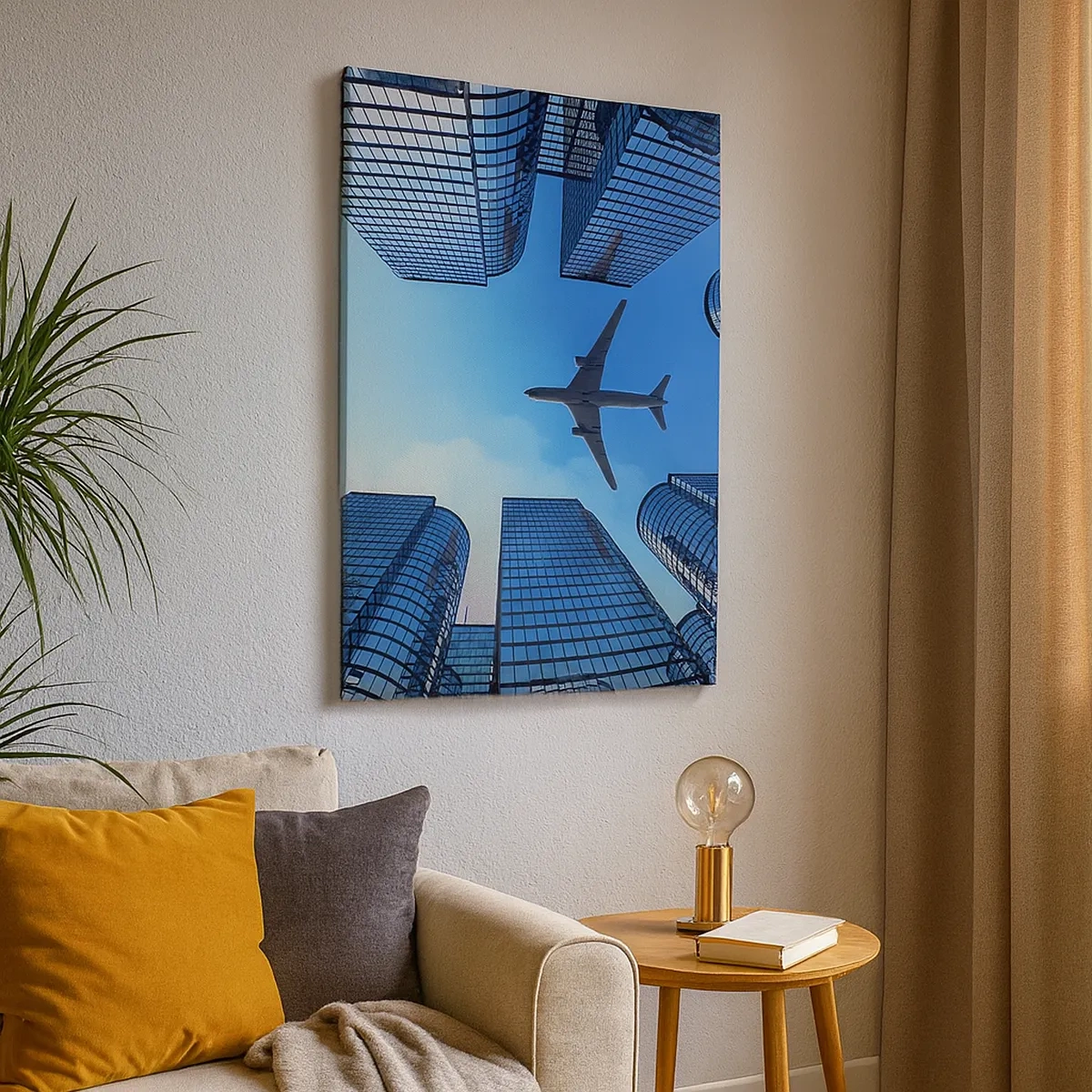 Quadro su tela - Stampe su Tela - Un aereo che sorvola i moderni grattacieli del centro città. - 50x70cm - Panorama dal canyon di vetro - Decorazione murale moderna per soggiorno e camera da letto ARTTOR