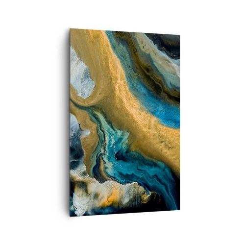 Quadro su tela - Stampe su Tela - Onde astratte nei toni dell'oro e del blu - 80x120cm - Blu-oro: influenza reciproca - Decorazione murale moderna per soggiorno e camera da letto ARTTOR