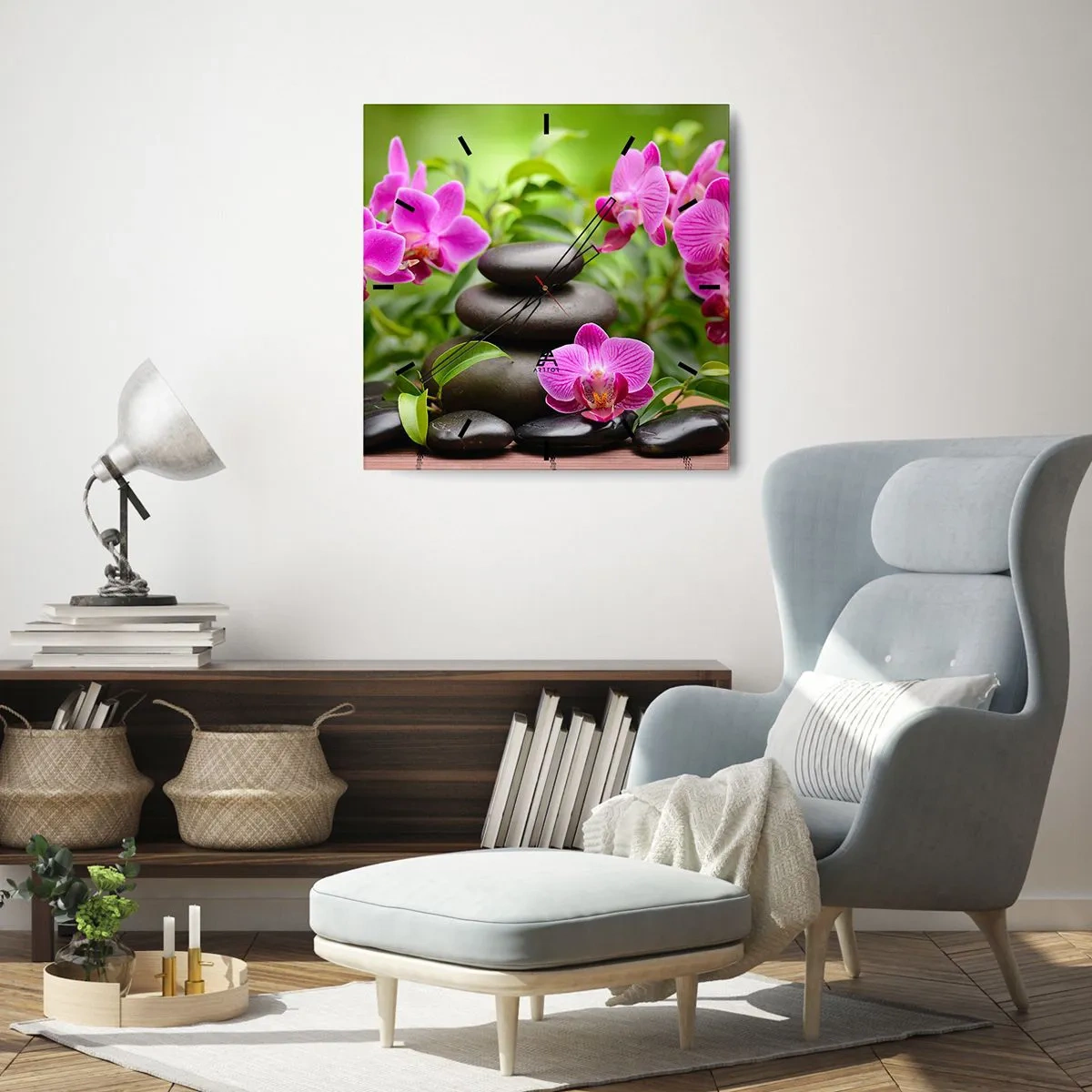 Orologio da parete - Orologio in Vetro - Orchidee rosa con pietre su sfondo verde - 30x30cm - Piramide di pace - Decorazione murale moderna per soggiorno e camera da letto ARTTOR