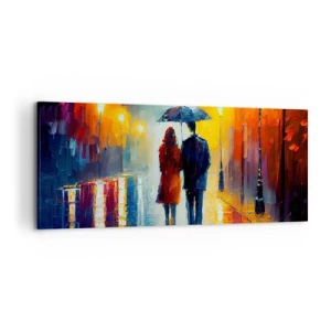 Quadro su tela - Stampe su Tela - Una coppia sotto un ombrello che cammina attraverso una colorata città notturna - 120x50cm - Insieme la notte è colorata - Decorazione murale moderna per soggiorno e camera da letto ARTTOR