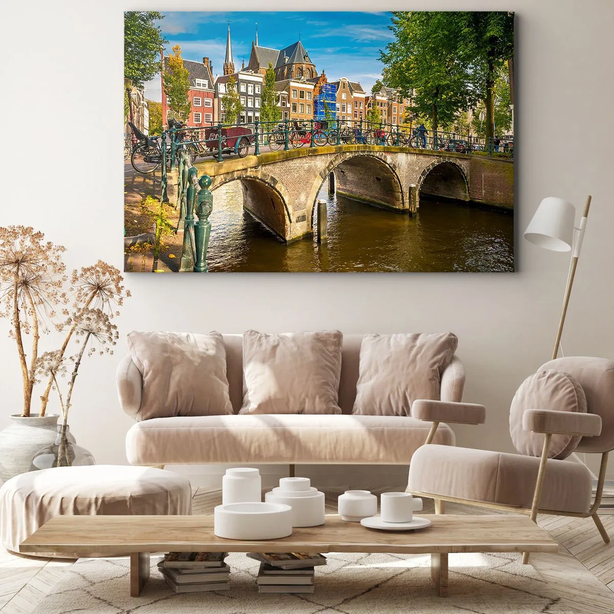 Quadro su tela - Stampe su Tela - Un pittoresco canale con un ponte ad Amsterdam - 100x70cm - La primavera sul canale - Decorazione murale moderna per soggiorno e camera da letto ARTTOR