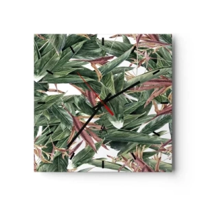 Orologio da parete - Orologio in Vetro - Un motivo decorativo a foglia nei toni del verde e del bordeaux su uno sfondo chiaro - 30x30cm - Macchia smeraldo e lilla - Decorazione murale moderna per soggiorno e camera da letto ARTTOR