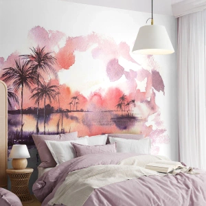 Fotomurali Premium Sand - Tramonto su un paesaggio tropicale in acquerello - 100x70cm - Pace dei tropici in rosso - Decorazione murale moderna per soggiorno e camera da letto ARTTOR