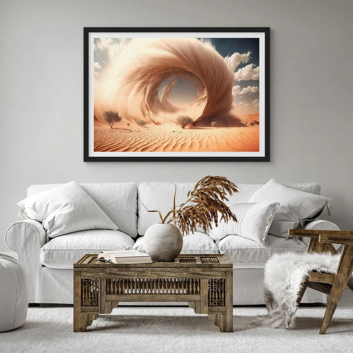 Poster in cornice nera - Vortice di sabbia dinamico in un deserto con alberi - 70x50cm - Il portale è aperto - Decorazione murale moderna per soggiorno e camera da letto ARTTOR