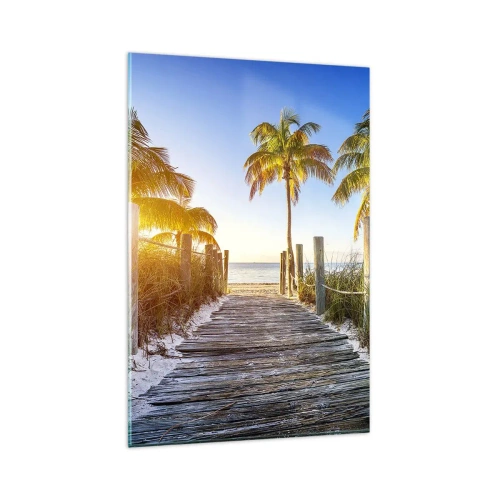 Quadro su vetro - Sentiero in legno sulla spiaggia con palme sullo sfondo - 80x120cm - Dritto in paradiso - Decorazione murale moderna per soggiorno e camera da letto ARTTOR