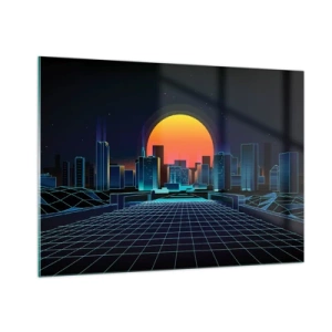 Quadro su vetro - Panorama futuristico della città con tramonto - 100x70cm - Davvero vuoi tornare al mondo reale? - Decorazione murale moderna per soggiorno e camera da letto ARTTOR