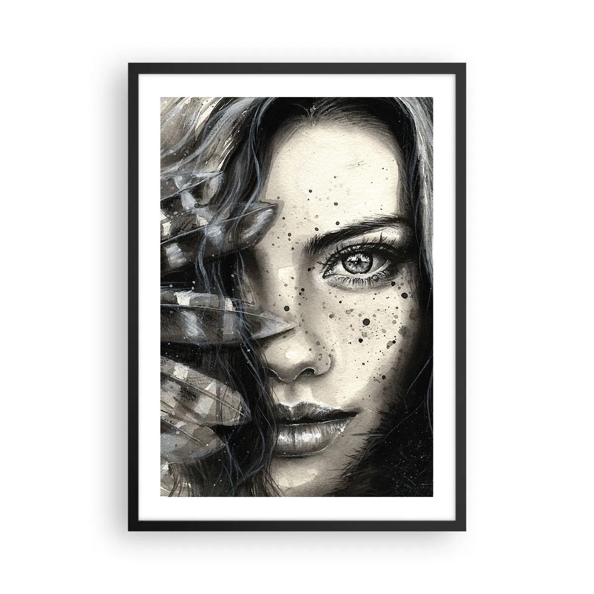 Poster in cornice nera - Ritratto di donna in stile monocromatico - 50x70cm - Bellezza selvaggia - Decorazione murale moderna per soggiorno e camera da letto ARTTOR