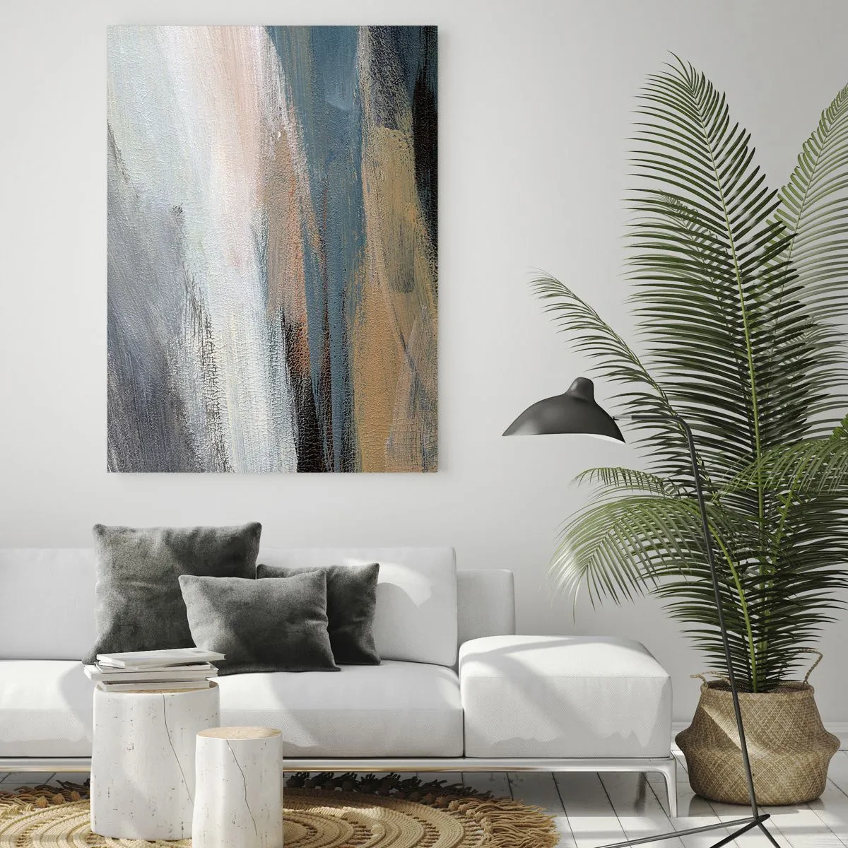 Quadro su vetro - Paesaggio astratto in tenui tonalità di blu e beige - 80x120cm - Astrazione: paesaggio del nord - Decorazione murale moderna per soggiorno e camera da letto ARTTOR