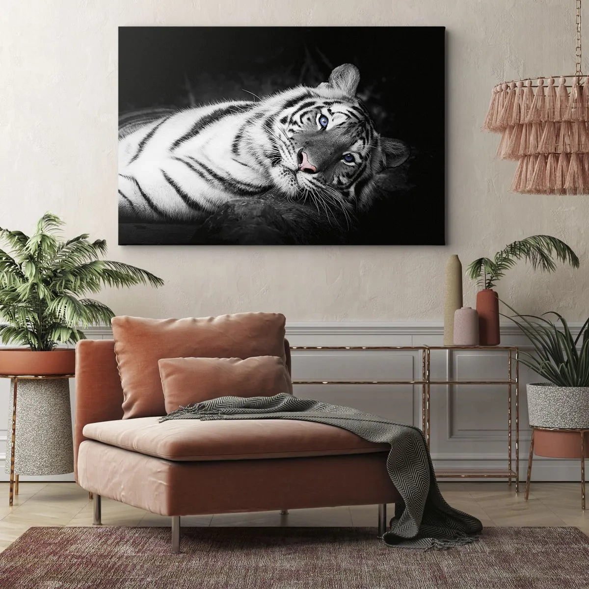 Quadro su tela - Stampe su Tela - Una tigre bianca artisticamente raffigurata su uno sfondo nero - 70x50cm - Selvaggità e pace - Decorazione murale moderna per soggiorno e camera da letto ARTTOR