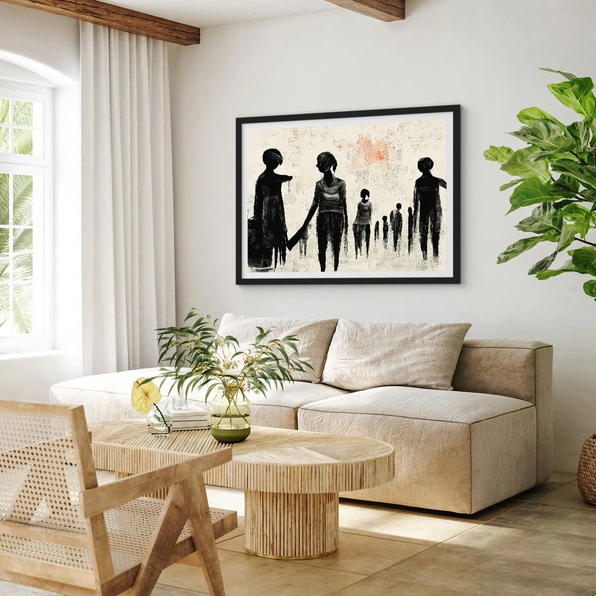 Poster in cornice nera - Figure in una composizione monocromatica su uno sfondo chiaro - 70x50cm - Contro la solitudine - Decorazione murale moderna per soggiorno e camera da letto ARTTOR