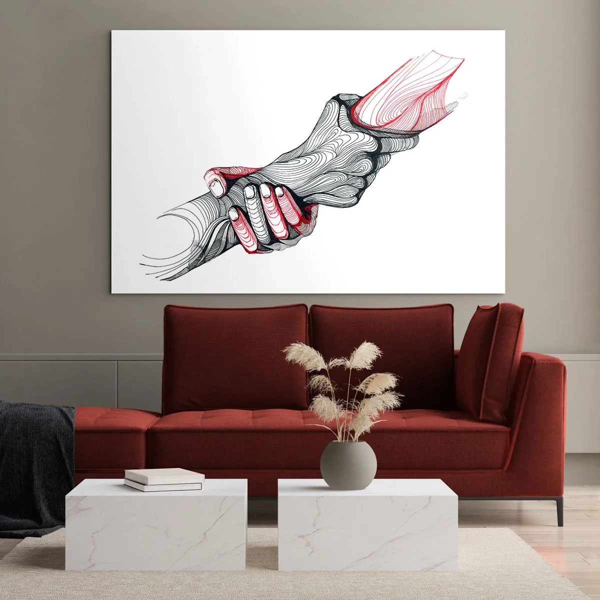 Quadro su vetro - Disegno astratto di due mani in una stretta di mano - 100x70cm - Sei in buone mani - Decorazione murale moderna per soggiorno e camera da letto ARTTOR