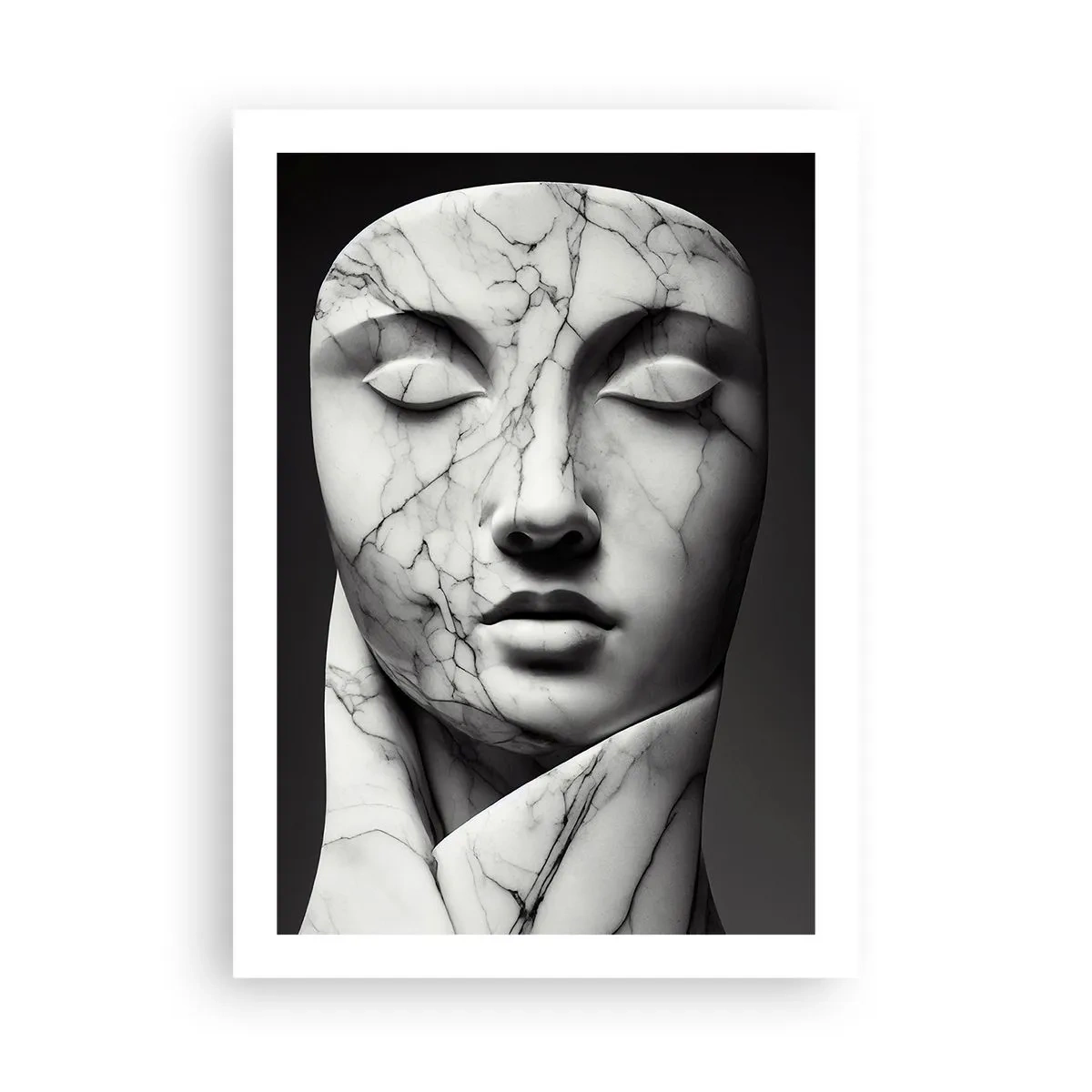 Poster - Scultura in marmo raffigurante un volto con gli occhi chiusi su sfondo nero - 50x70cm - Forme di marmo - Decorazione murale moderna per soggiorno e camera da letto ARTTOR