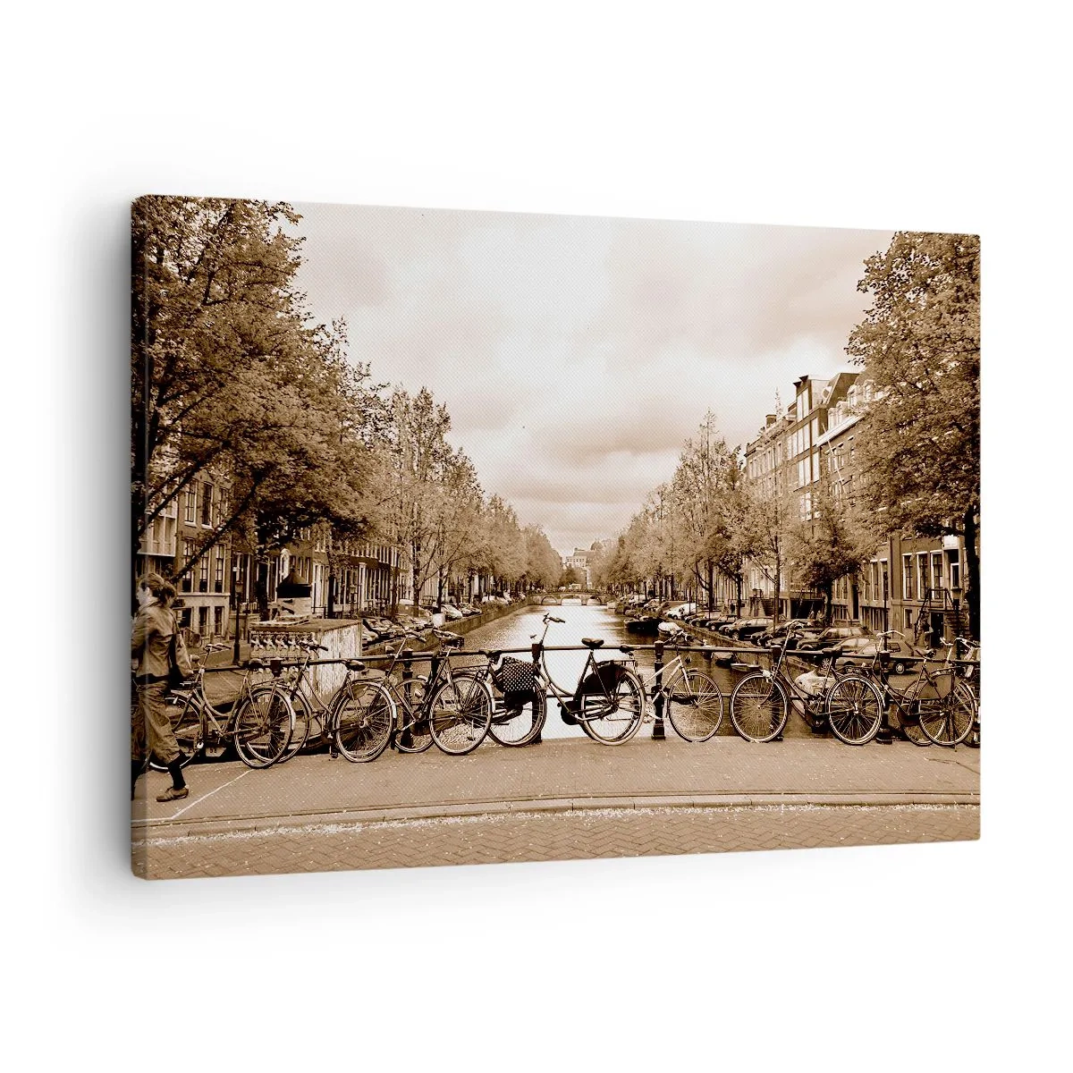 Quadro su tela - Stampe su Tela - Ponte ciclabile sul canale in seppia - 70x50cm - Atmosfera olandese - Decorazione murale moderna per soggiorno e camera da letto ARTTOR
