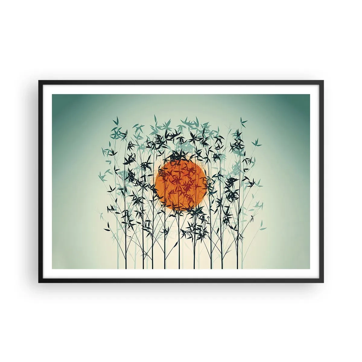 Poster in cornice nera - Sole arancione tra i rami di bambù - 100x70cm - Sole giapponese - Decorazione murale moderna per soggiorno e camera da letto ARTTOR