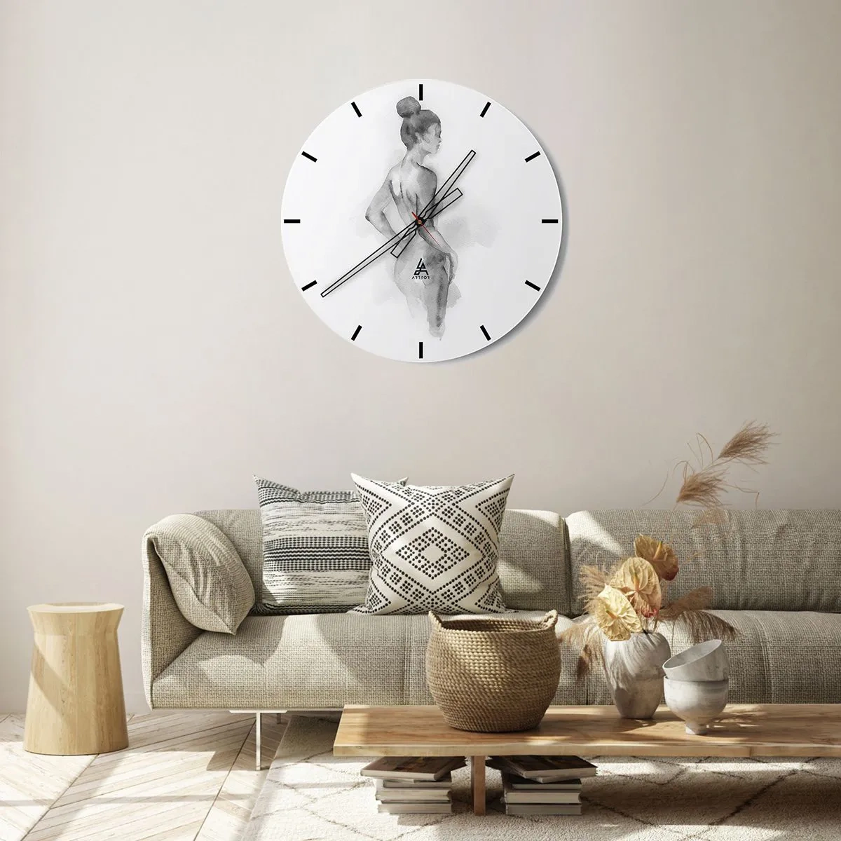 Orologio da parete - Orologio in Vetro - La sagoma di una donna dipinta ad acquerello in tonalità di grigio. - 30x30cm - Bella come un quadro - Decorazione murale moderna per soggiorno, cucina e camera da letto ARTTOR