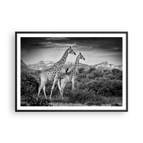 Poster in cornice nera - Sagome in bianco e nero di due giraffe nella savana - 100x70cm - Alta classe in Africa - Decorazione murale moderna per soggiorno e camera da letto ARTTOR