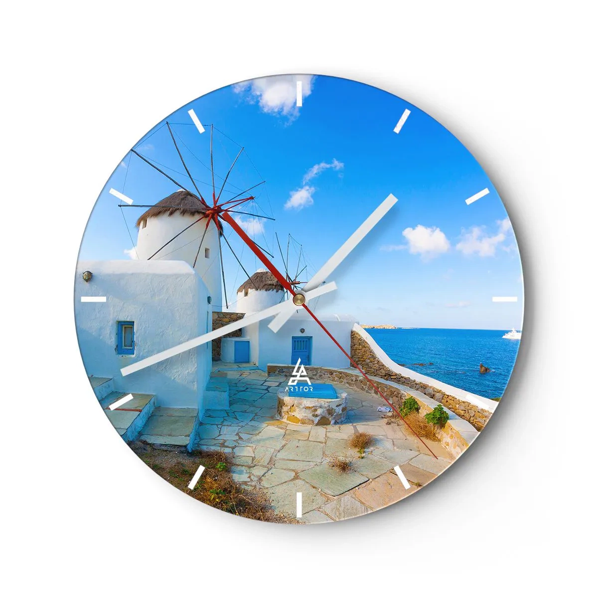 Orologio da parete - Orologio in Vetro - Un mulino a vento contro il cielo azzurro e il mare su un'isola greca - 30x30cm - Vento azzurro sul mare - Decorazione murale moderna per soggiorno, cucina e camera da letto ARTTOR