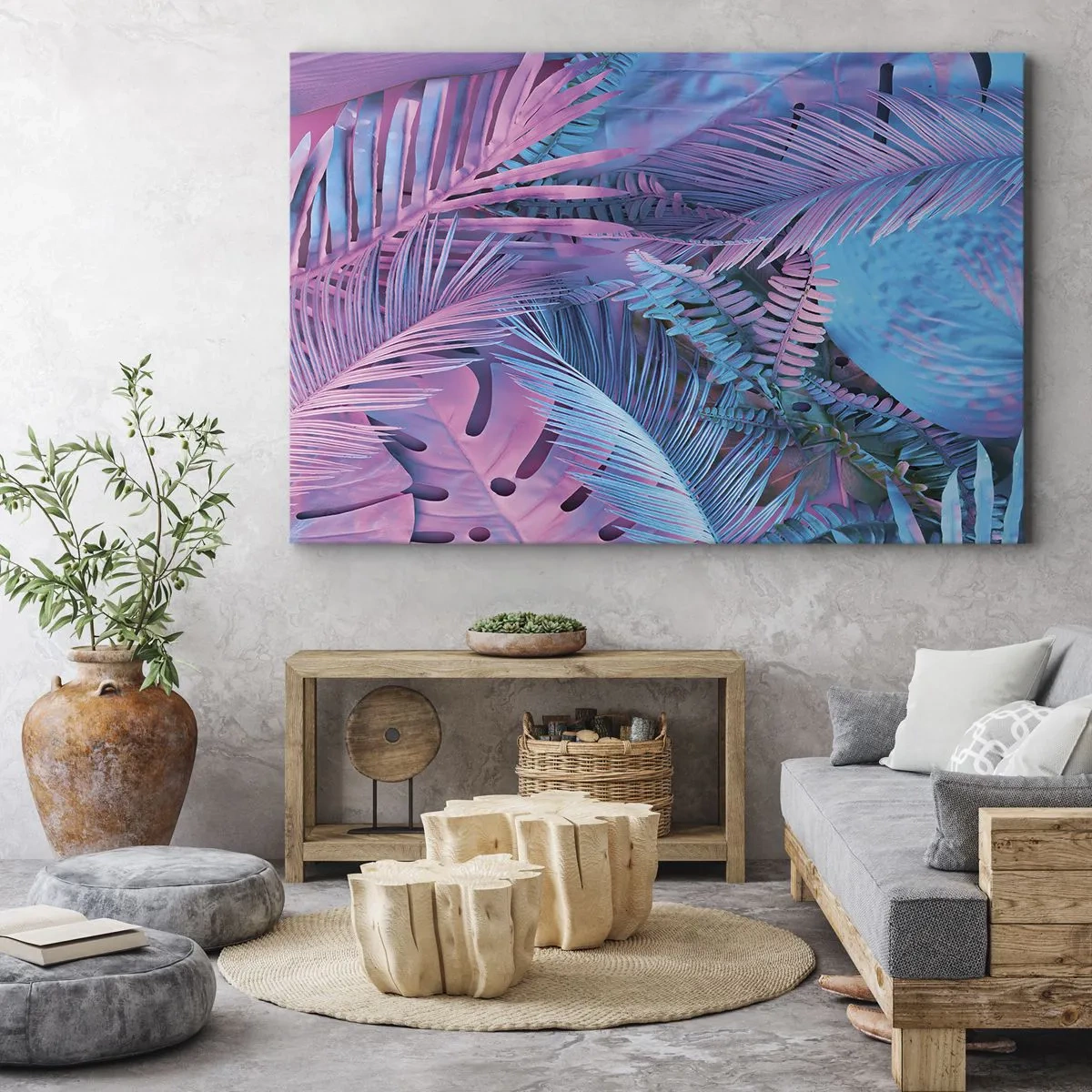 Quadro su tela - Stampe su Tela - Foglie tropicali nelle tonalità del rosa e del blu - 120x80cm - Tropici in rosa e blu - Decorazione murale moderna per soggiorno e camera da letto ARTTOR