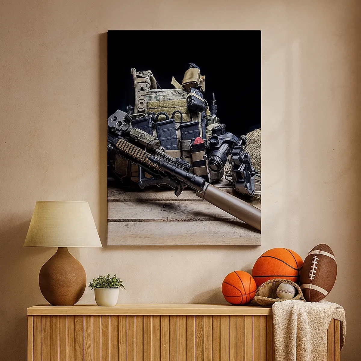 Quadro su tela - Stampe su Tela - Attrezzatura tattica con un fucile su un tavolo di legno - 50x70cm - Riposo! - Decorazione murale moderna per soggiorno e camera da letto ARTTOR