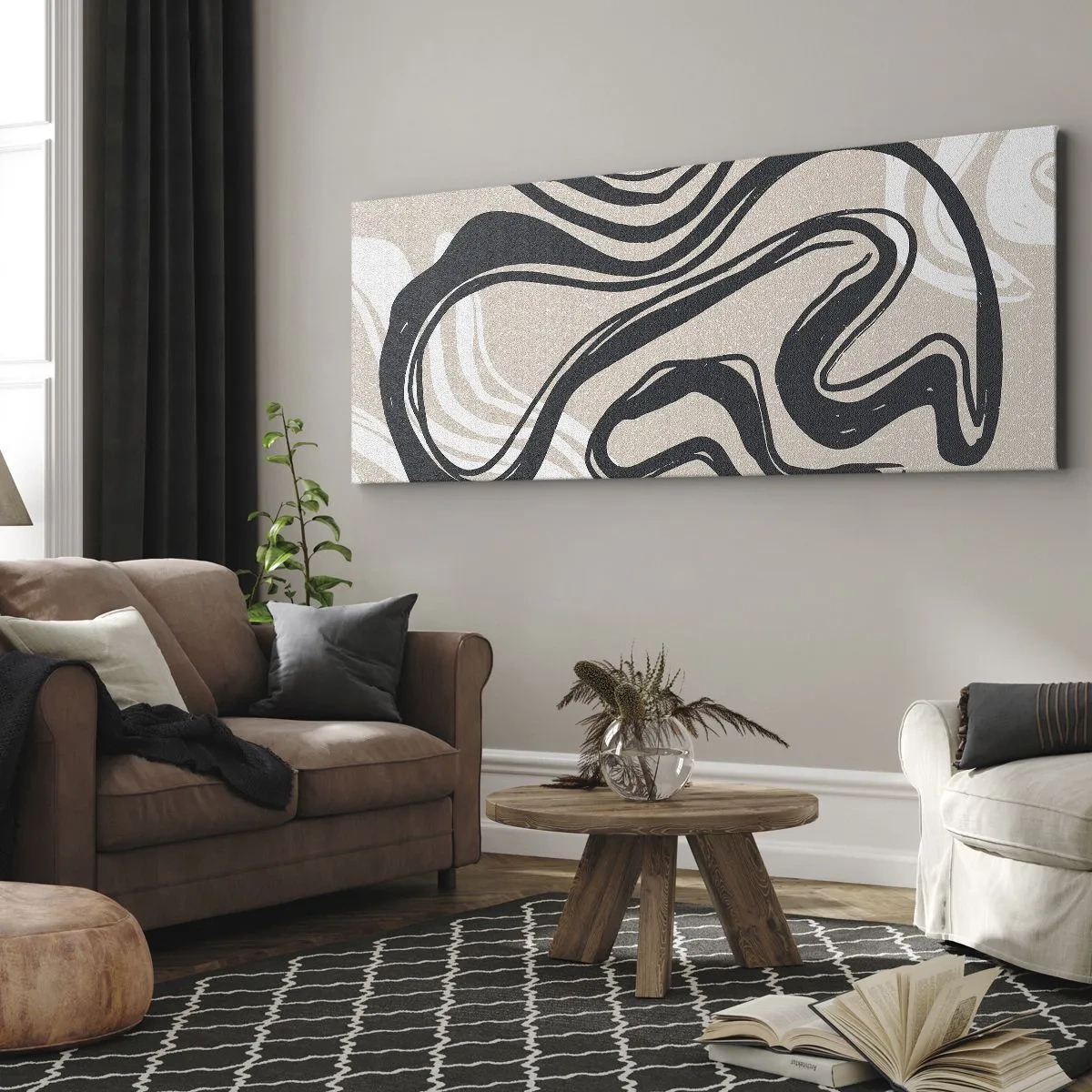 Quadro su tela - Stampe su Tela - Linee astratte in tonalità scure su uno sfondo beige - 120x50cm - Espressione moltiplicata - Decorazione murale moderna per soggiorno e camera da letto ARTTOR