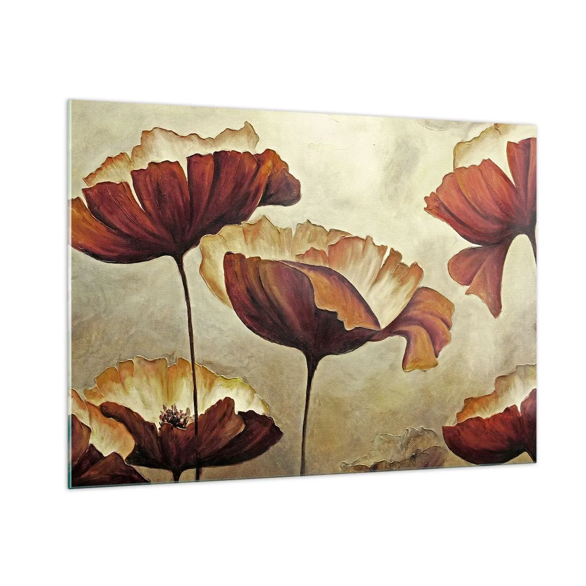 Quadro su vetro - Fiori di papavero nei toni del rosso e dell'oro su uno sfondo chiaro - 100x70cm - Nei prati e nei campi - Decorazione murale moderna per soggiorno e camera da letto ARTTOR