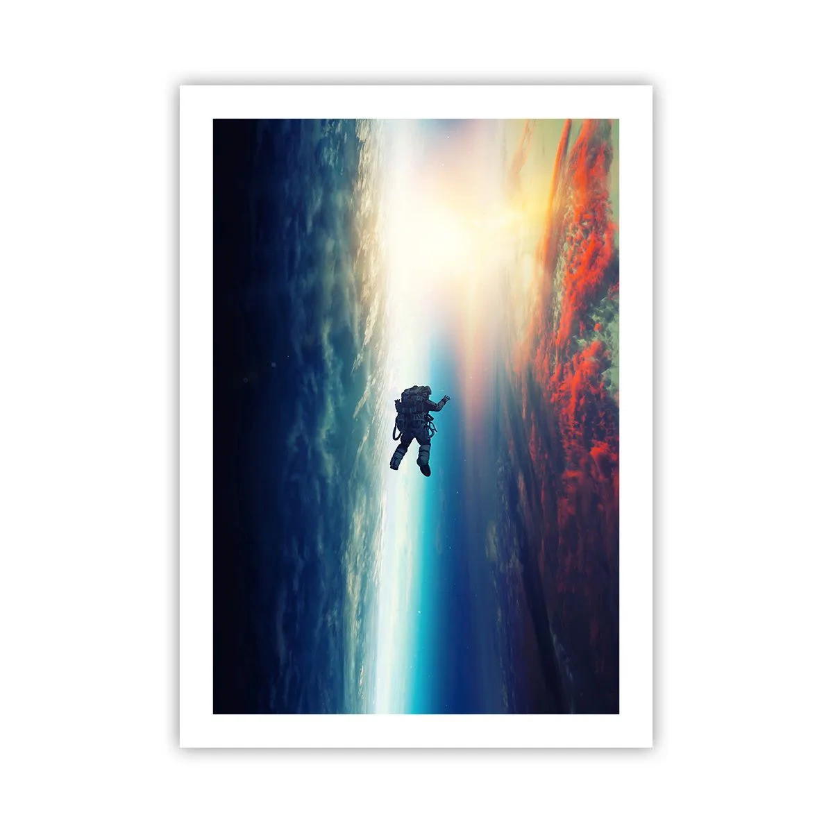 Poster - Astronauta nello spazio con la Terra e il sole sullo sfondo - 50x70cm - Affrontando l'universo - Decorazione murale moderna per soggiorno e camera da letto ARTTOR