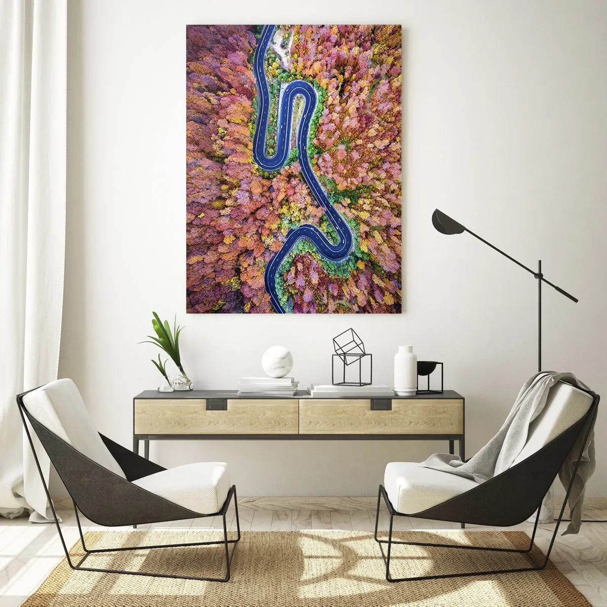 Quadro su vetro - Una strada tortuosa in una foresta autunnale vista a volo d'uccello - 80x120cm - Via tortuosa attraverso il bosco - Decorazione murale moderna per soggiorno e camera da letto ARTTOR