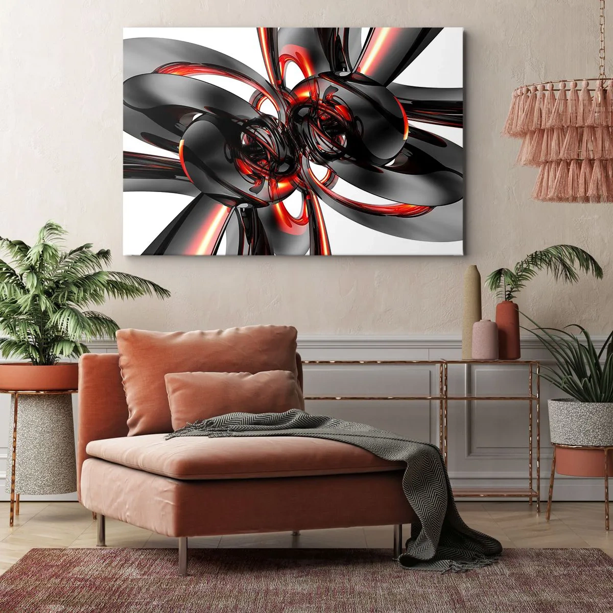 Quadro su tela - Stampe su Tela - Grafica 3D astratta con elementi neri e rossi - 70x50cm - Movimento in grafite e rosso - Decorazione murale moderna per soggiorno e camera da letto ARTTOR
