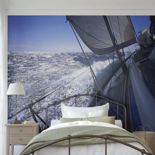Fotomurali Premium Canvas - Una barca a vela in un mare in tempesta con vele bianche e un ponte di legno. - 100x70cm - So cosa vuol dire volare - Decorazione murale moderna per soggiorno e camera da letto ARTTOR