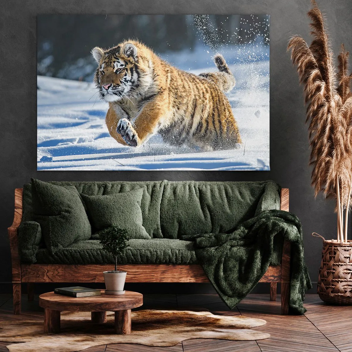 Quadro su tela - Stampe su Tela - Una tigre siberiana che corre in un paesaggio innevato - 120x80cm - La dea della taiga siberiana - Decorazione murale moderna per soggiorno e camera da letto ARTTOR