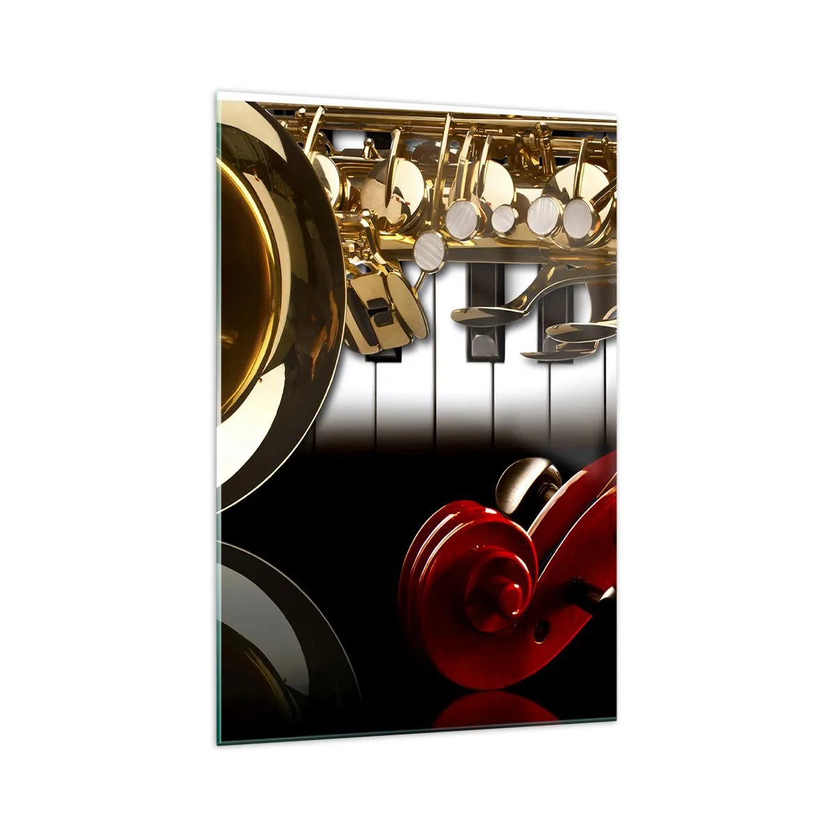 Quadro su vetro - Un sassofono dorato, tasti di pianoforte e un violino rosso - 70x100cm - Metallo, legno e avorio - Decorazione murale moderna per soggiorno e camera da letto ARTTOR