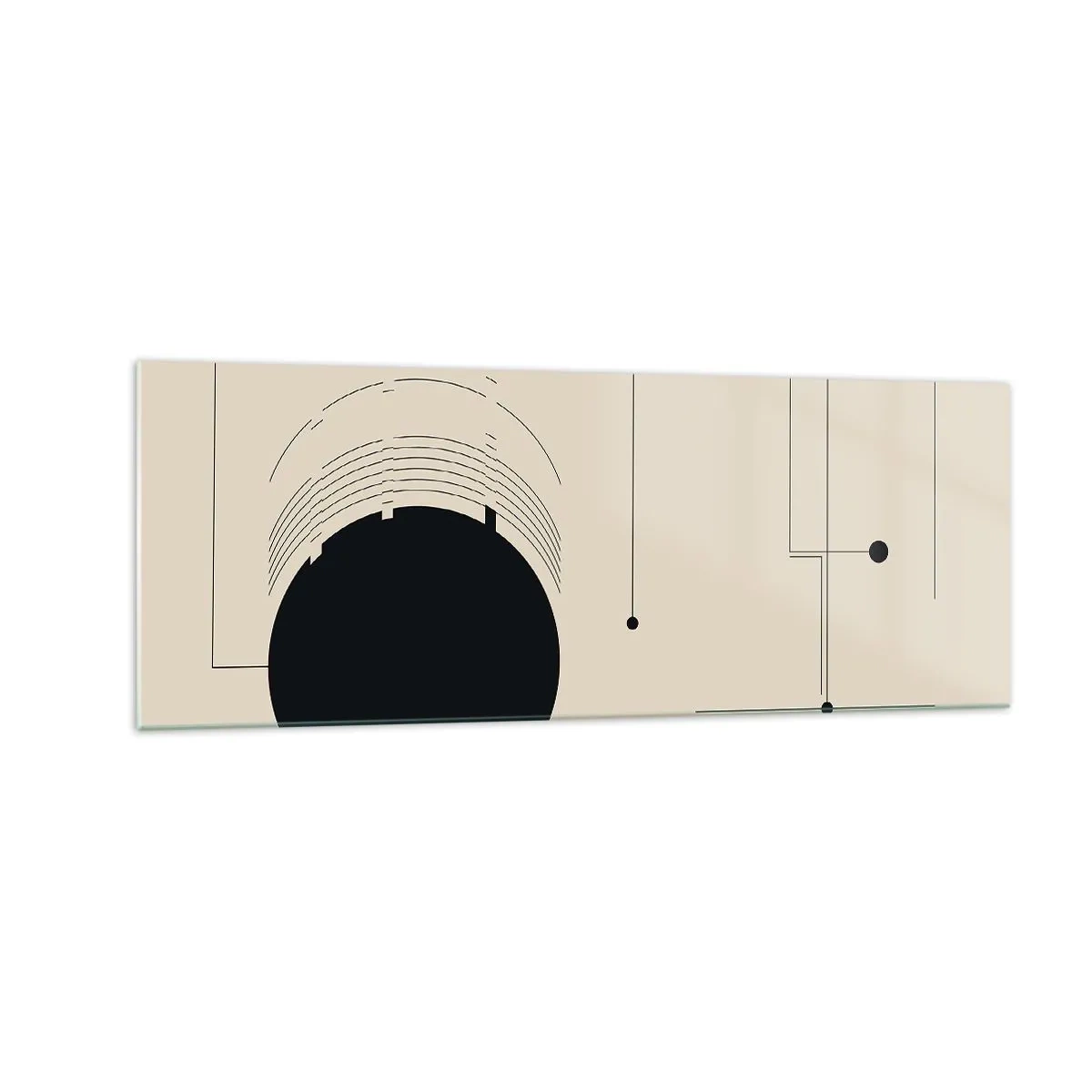 Quadro su vetro - Linee geometriche nere e un cerchio su uno sfondo beige - 140x50cm - Composizione elastica e dinamica - Decorazione murale moderna per soggiorno e camera da letto ARTTOR