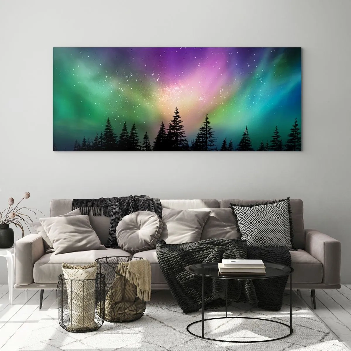 Quadro su vetro - Aurora boreale su una foresta con cielo stellato - 140x50cm - Magia bianca - Decorazione murale moderna per soggiorno e camera da letto ARTTOR
