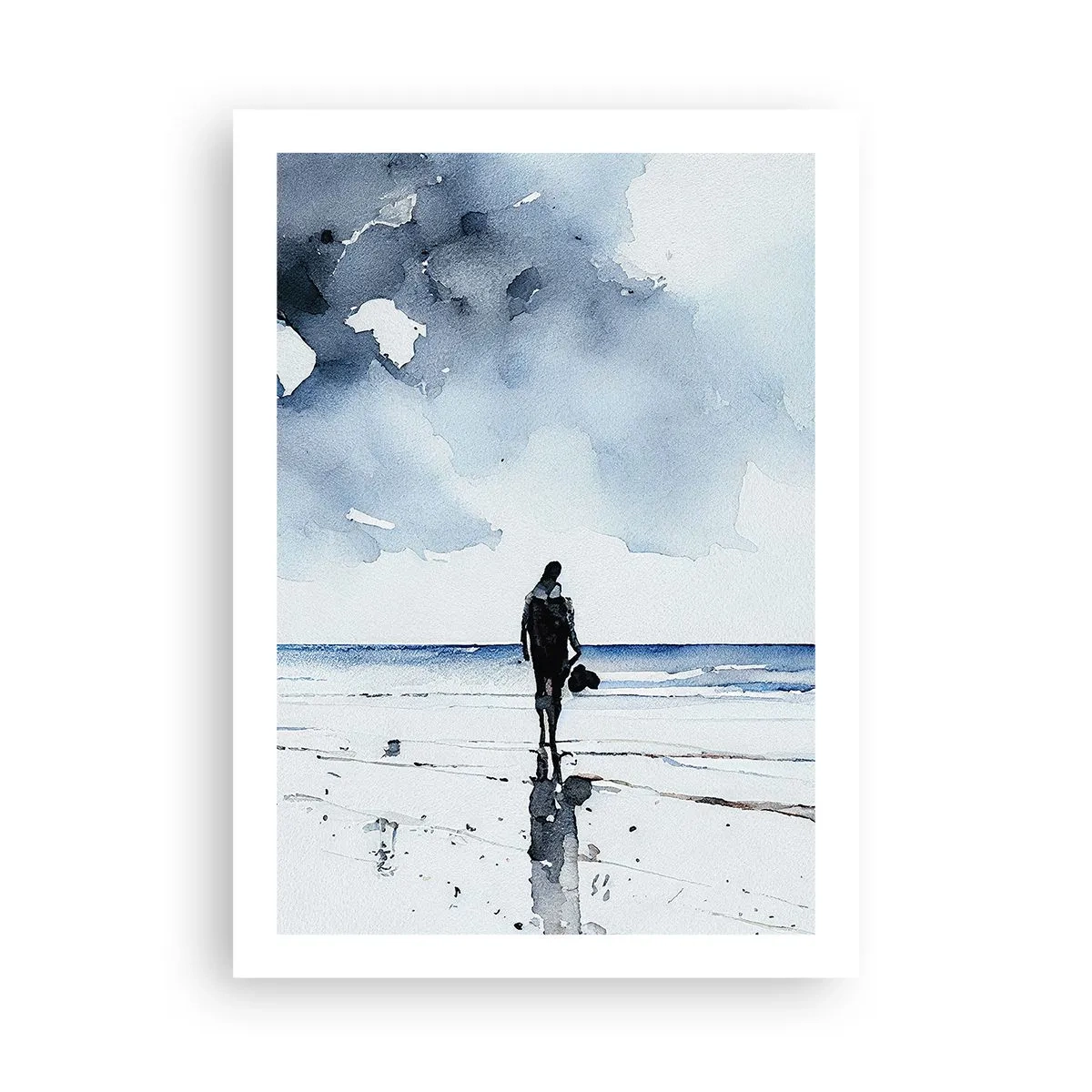 Poster - Paesaggio ad acquerello con una figura sulla spiaggia - 50x70cm - Dialogo con il mare - Decorazione murale moderna per soggiorno e camera da letto ARTTOR