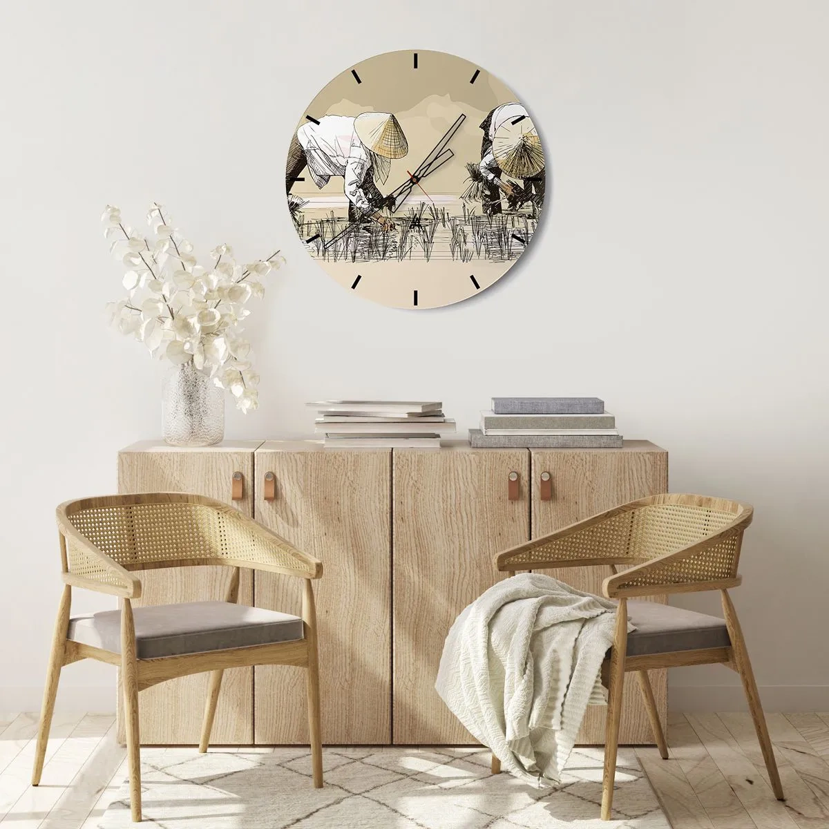 Orologio da parete - Orologio in Vetro - Un motivo da cartone animato che raffigura contadini al lavoro in una risaia, nei toni del beige. - 30x30cm - Buon raccolto - Decorazione murale moderna per soggiorno, cucina e camera da letto ARTTOR