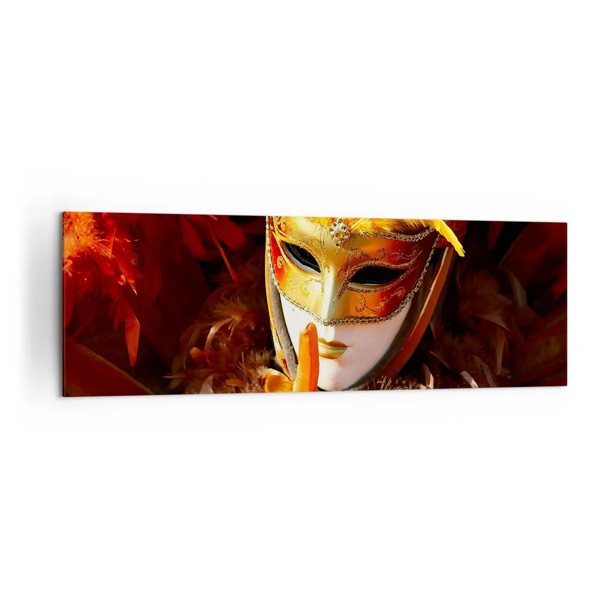 Quadro su tela - Stampe su Tela - Maschera di Carnevale nei toni dell'oro e dell'arancione - 160x50cm - Il mistero è parte del gioco - Decorazione murale moderna per soggiorno e camera da letto ARTTOR