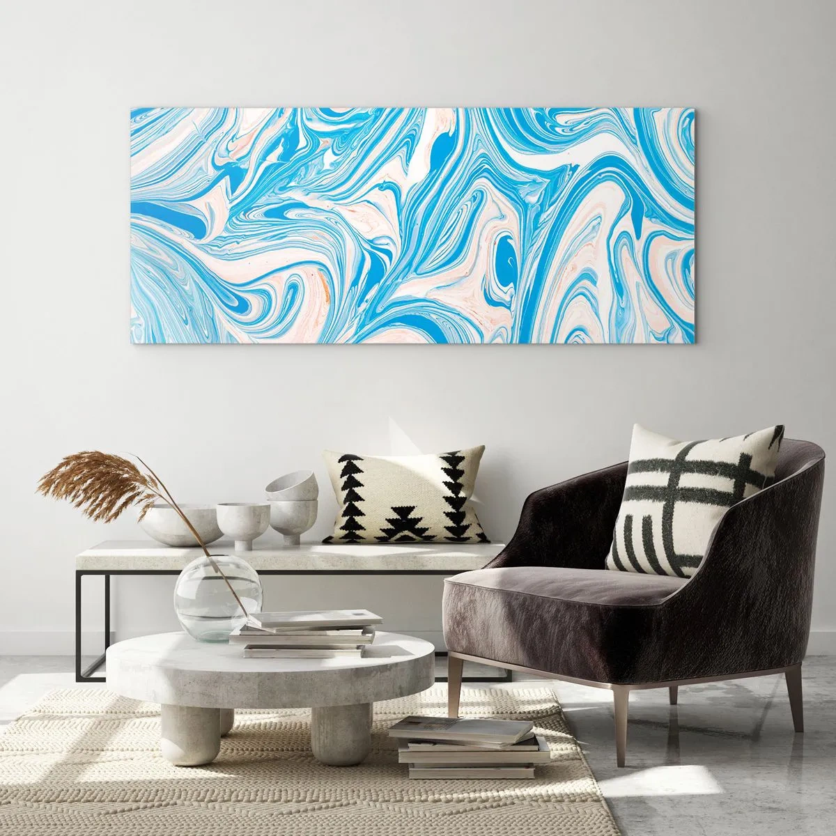Quadro su vetro - Vortici astratti in stile marmo blu e bianco - 160x50cm - Acquitrino in turchese - Decorazione murale moderna per soggiorno e camera da letto ARTTOR