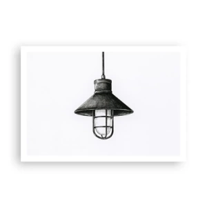 Poster - Disegno di una lampada a sospensione retrò su sfondo bianco - 100x70cm - Come tanti anni fa... - Decorazione murale moderna per soggiorno e camera da letto ARTTOR