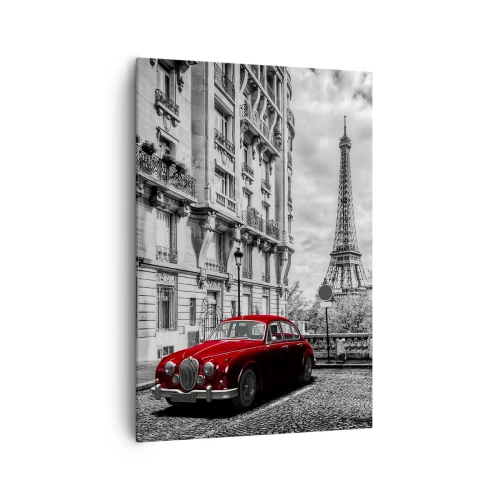 Quadro su tela - Stampe su Tela - Un'auto rossa con la Torre Eiffel sullo sfondo in un'ambientazione in bianco e nero - 70x100cm - Predatore in città - Decorazione murale moderna per soggiorno e camera da letto ARTTOR