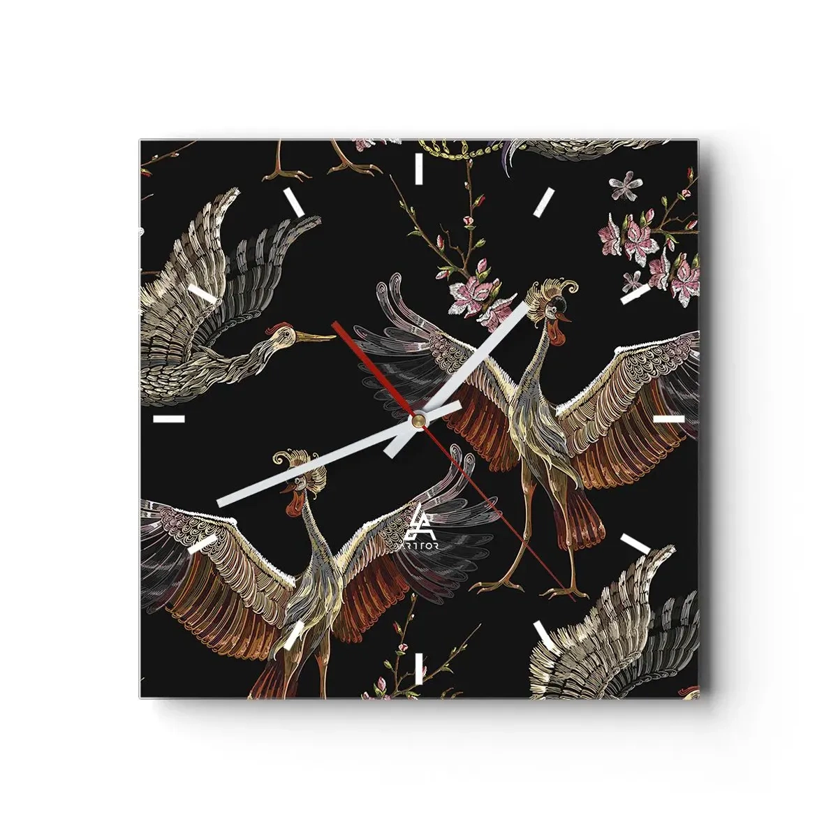 Orologio da parete - Orologio in Vetro - Gru e fiori eleganti su sfondo nero - 30x30cm - Uccello fantastico - Decorazione murale moderna per soggiorno e camera da letto ARTTOR