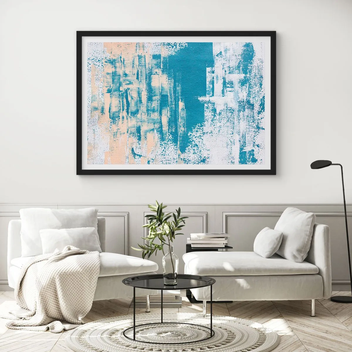 Poster in cornice nera - Composizione astratta nei toni del blu e del bianco - 100x70cm - Attraverso il ghiaccio - Decorazione murale moderna per soggiorno e camera da letto ARTTOR