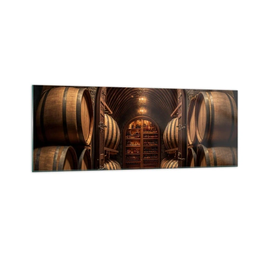Quadro su vetro - Cantina con botti di legno e scaffali per il vino - 140x50cm - L'atmosfera della cantina - Decorazione murale moderna per soggiorno e camera da letto ARTTOR