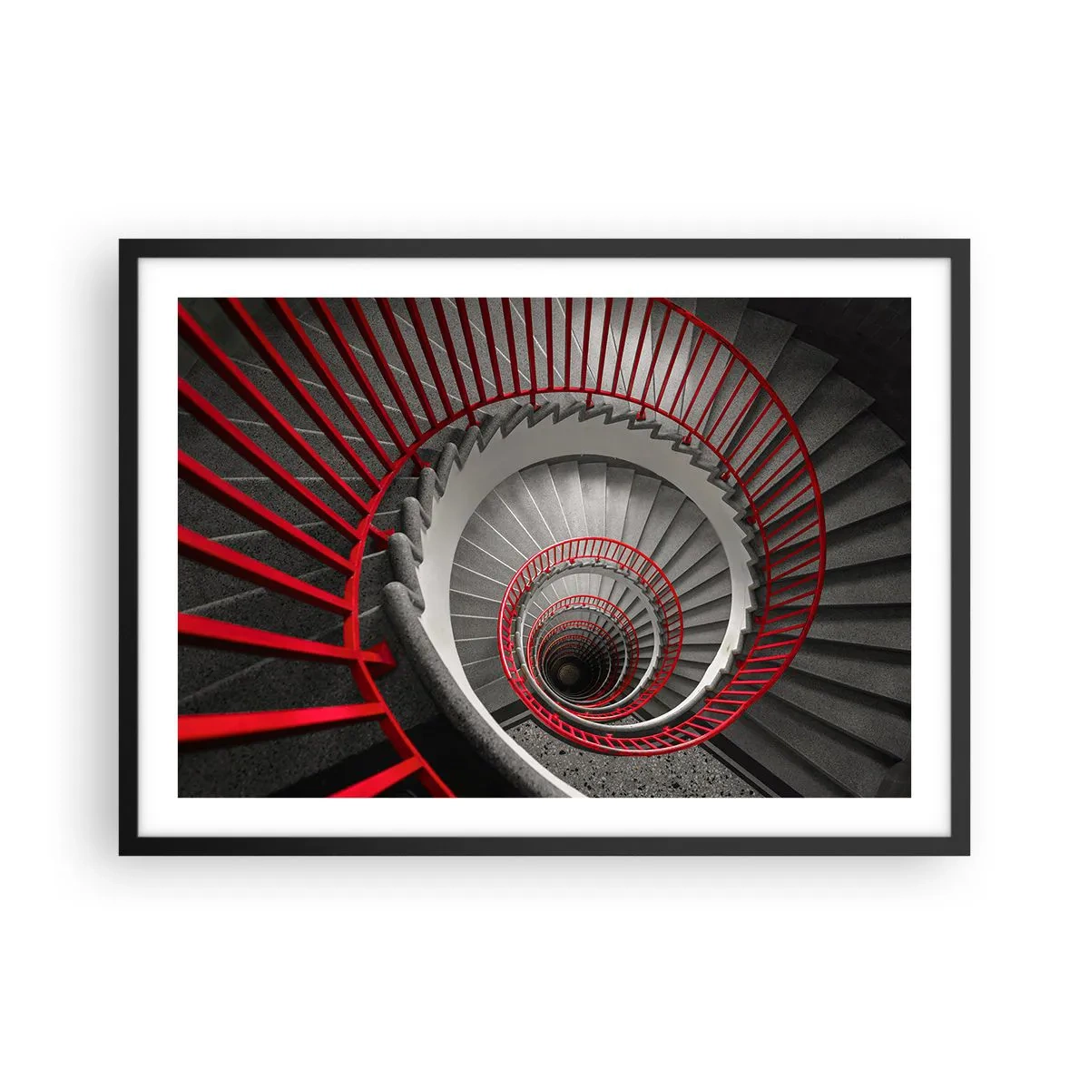 Poster in cornice nera - Scala a chiocciola con corrimano rossi in prospettiva dinamica - 70x50cm - I giochi dell'architettura - Decorazione murale moderna per soggiorno e camera da letto ARTTOR
